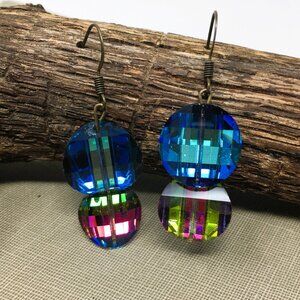 Vintage Swarovski Vitrail Crystals Bermuda Blue Pink Lime Dangle Earrings